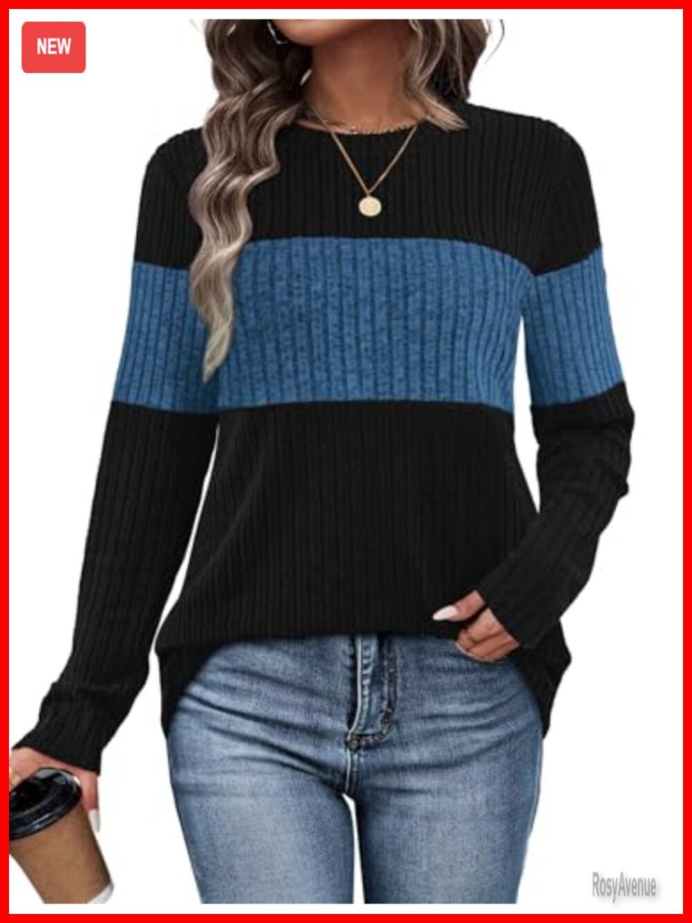 Womens Color Block Sweater Long Sleeve Crew Neck Tunic Pullover